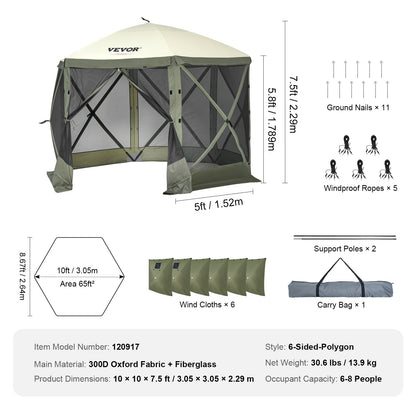 Pop Up Gazebo Tent Pop-Up Screen Tent 6-Sided Canopy Sun Shelter Green