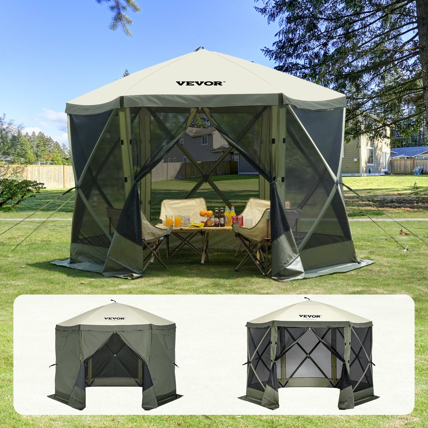 Pop Up Gazebo Tent Pop-Up Screen Tent 6-Sided Canopy Sun Shelter Green