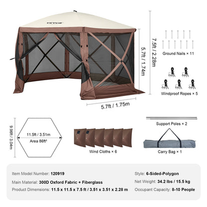 Pop Up Gazebo Tält Pop-Up Screen Tält 6-sidigt skärmtak Sun Shelter Brun
