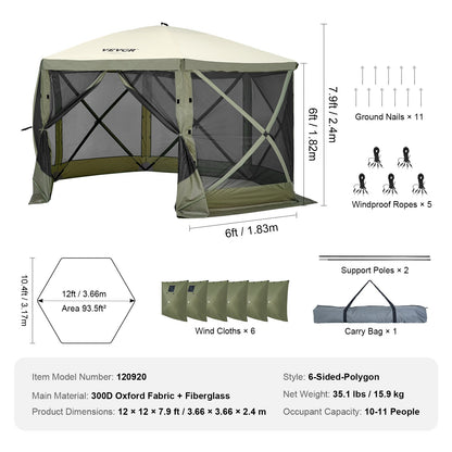 Pop Up Gazebo-tält Pop-Up Screen-tält 6-sidigt kapell Sun Shelter Grön
