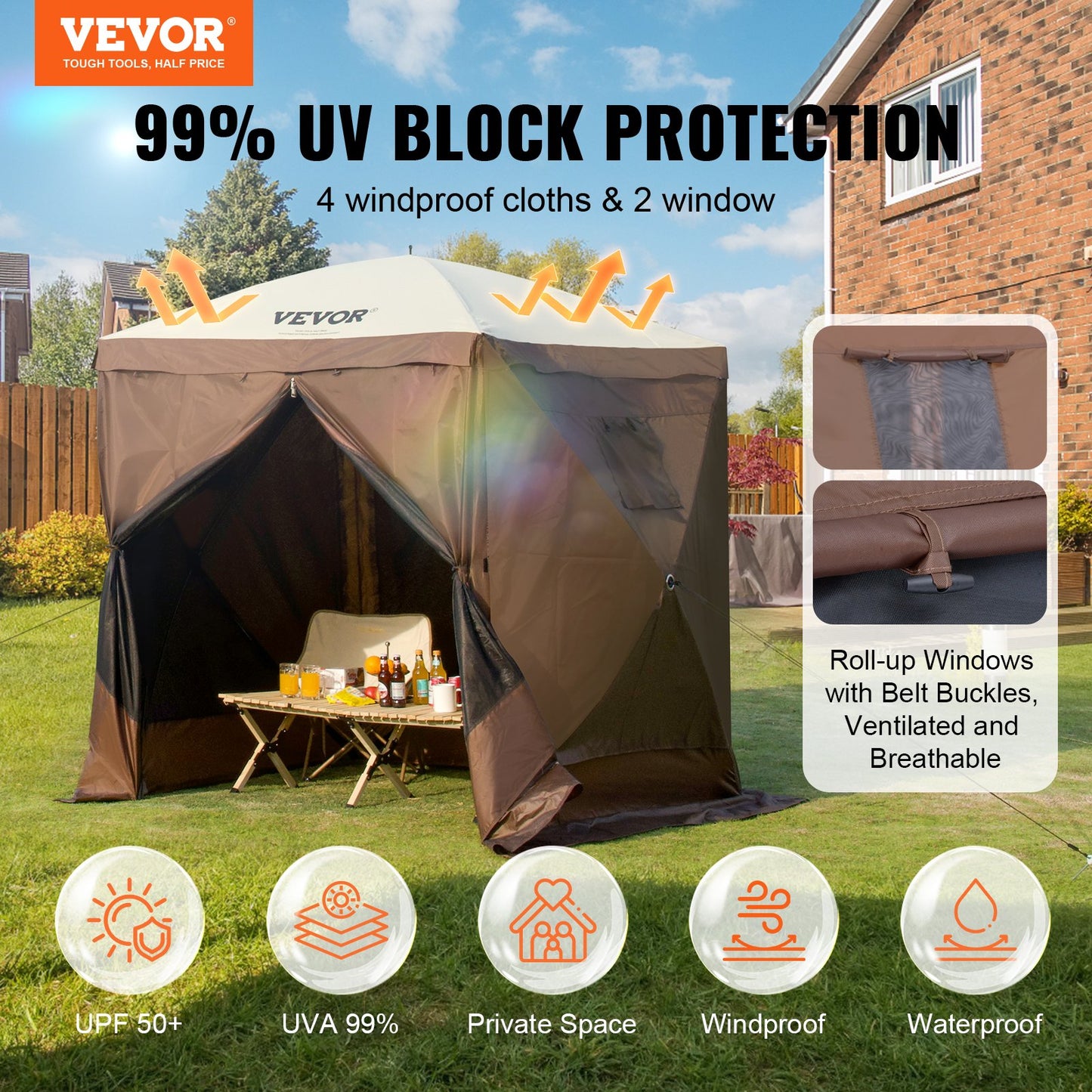 Pop Up Gazebo Tent Pop-Up Screen Tent 4-Sided Canopy Sun Shelter Brown