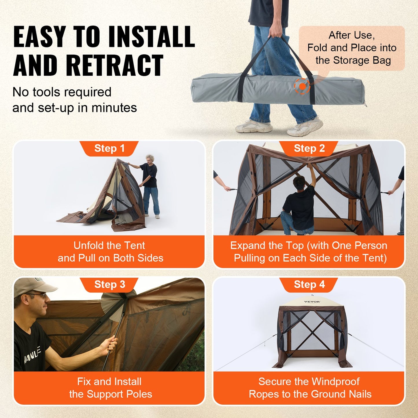 Pop Up Gazebo Tent Pop-Up Screen Tent 4-Sided Canopy Sun Shelter Brown