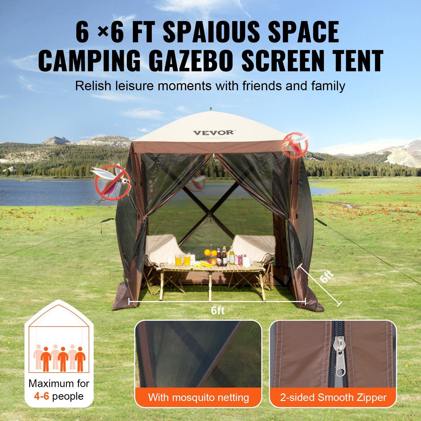 Pop Up Gazebo Tent Pop-Up Screen Tent 4-Sided Canopy Sun Shelter Brown