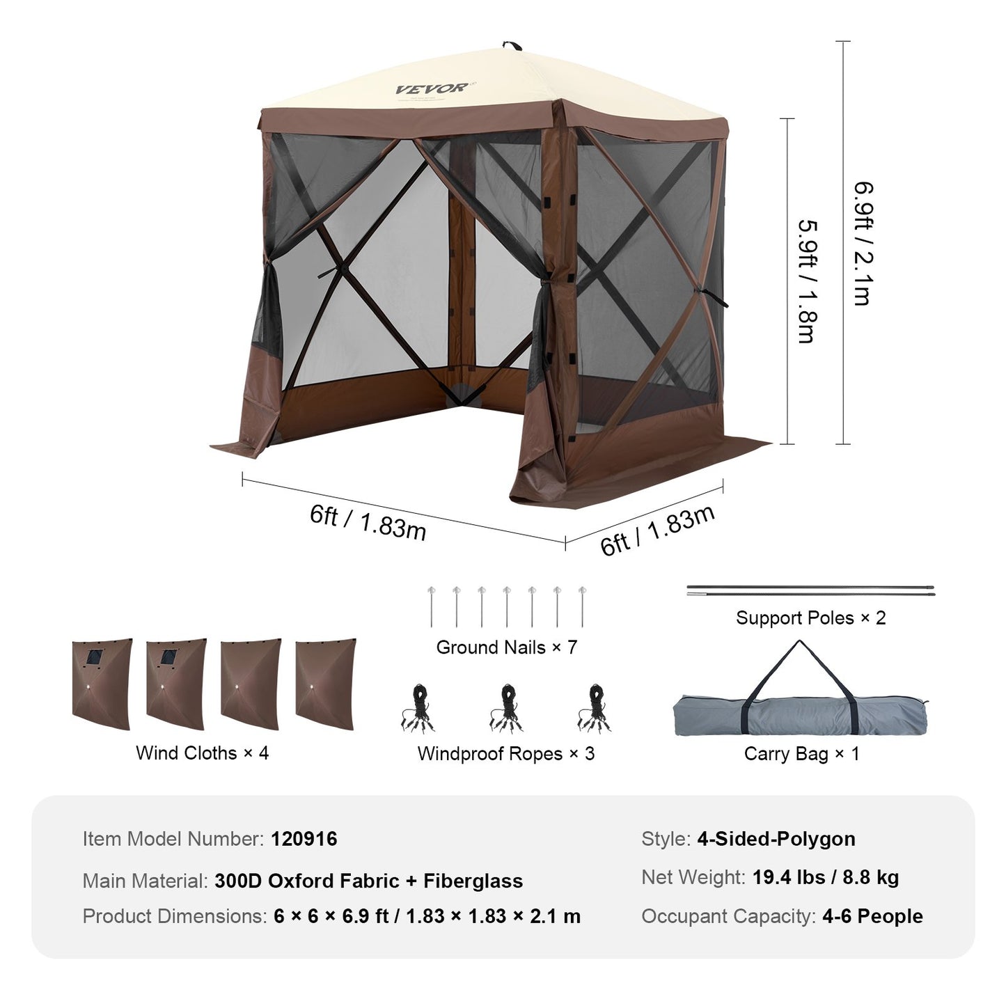 Pop Up Gazebo Tent Pop-Up Screen Tent 4-Sided Canopy Sun Shelter Brown