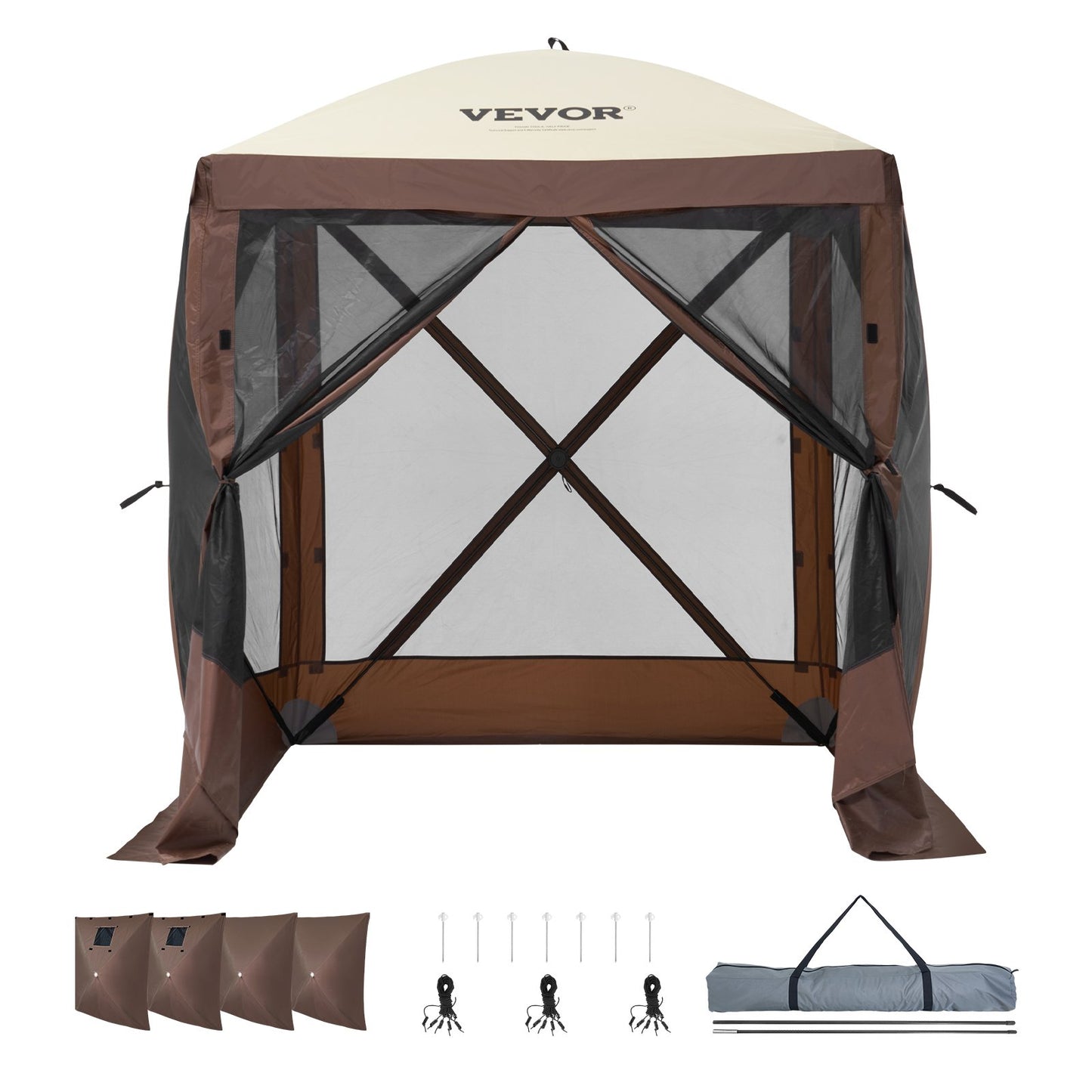 Pop Up Gazebo Tent Pop-Up Screen Tent 4-Sided Canopy Sun Shelter Brown