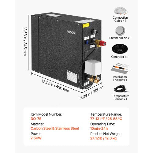 ånggenerator, 7,5 kW ångduschsystem med styrenhet för hemmabastu, spa, kommersiellt automatiskt dräneringspaket med överhettnings-, torrkörnings- och övertrycksskydd, effektiv från 10 minuter till 24 timmar, svart |  EU