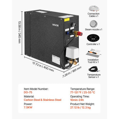 ånggenerator, 7,5 kW ångduschsystem med styrenhet för hemmabastu, spa, kommersiellt automatiskt dräneringspaket med överhettnings-, torrkörnings- och övertrycksskydd, effektiv från 10 minuter till 24 timmar, svart |  EU