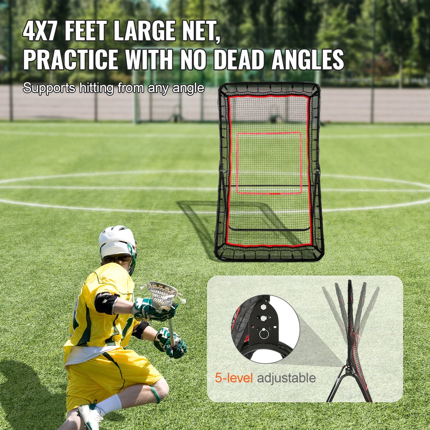 Lacrosse Rebounder för bakgård, 4x7 Ft Volleyboll Bounce Back Net, Pitchback Throwback Baseball Softball Retur träningsskärm, Justerbar vinkel Skjutövning Träningsvägg med mål