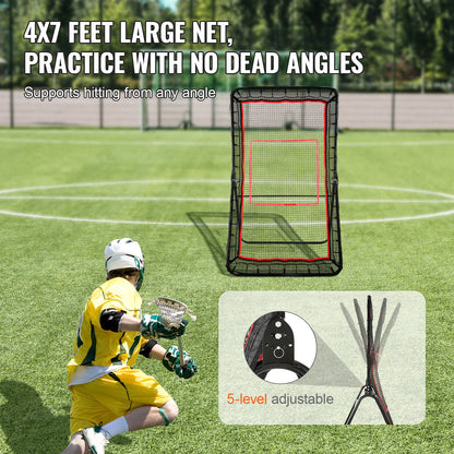 Lacrosse Rebounder för bakgård, 4x7 Ft Volleyboll Bounce Back Net, Pitchback Throwback Baseball Softball Retur träningsskärm, Justerbar vinkel Skjutövning Träningsvägg med mål
