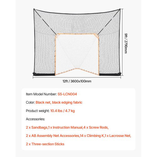 3,6x2,7 m Schutzrahmen für Hockey-Lacrosse-Tore mit Trainingsnetz mit erweiterter Abdeckung | EU
