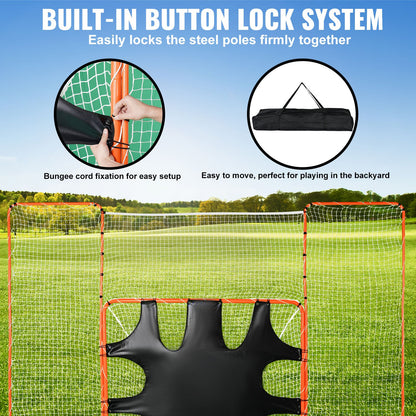3-IN-1 Lacrosse-mål med ryggstopp och mål, 12' x 9'' Lacrosse-nät, Steel Frame Backyard Lacrosse Rebounder-utrustning, Snabb och enkel installation träningsnät, perfekt för ungdomsträning, orange