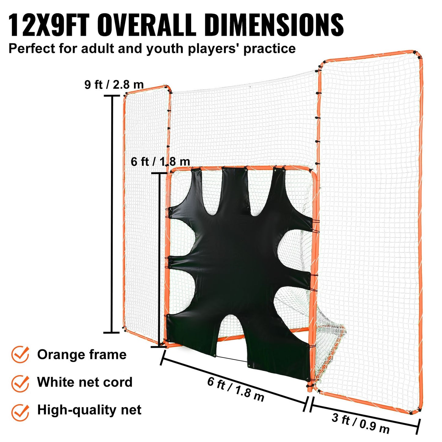 3-IN-1 Lacrosse-mål med ryggstopp och mål, 12' x 9'' Lacrosse-nät, Steel Frame Backyard Lacrosse Rebounder-utrustning, Snabb och enkel installation träningsnät, perfekt för ungdomsträning, orange