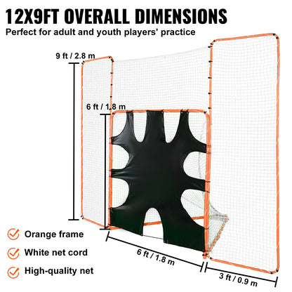 3-IN-1 Lacrosse-mål med ryggstopp och mål, 12' x 9'' Lacrosse-nät, Steel Frame Backyard Lacrosse Rebounder-utrustning, Snabb och enkel installation träningsnät, perfekt för ungdomsträning, orange