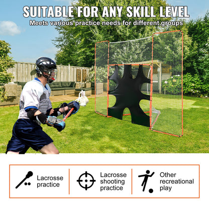 3-IN-1 Lacrosse-mål med ryggstopp och mål, 12' x 9'' Lacrosse-nät, Steel Frame Backyard Lacrosse Rebounder-utrustning, Snabb och enkel installation träningsnät, perfekt för ungdomsträning, orange