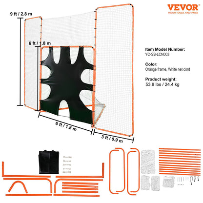 3-IN-1 Lacrosse-mål med ryggstopp och mål, 12' x 9'' Lacrosse-nät, Steel Frame Backyard Lacrosse Rebounder-utrustning, Snabb och enkel installation träningsnät, perfekt för ungdomsträning, orange