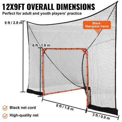 Hockey och Lacrosse Goal Backstop med utökad täckning, 12' x 9' Lacrosse-nät, kompletta tillbehör träningsnät, Snabb enkel installation av bakgård Lacrosse-utrustning, perfekt för ungdomsträning