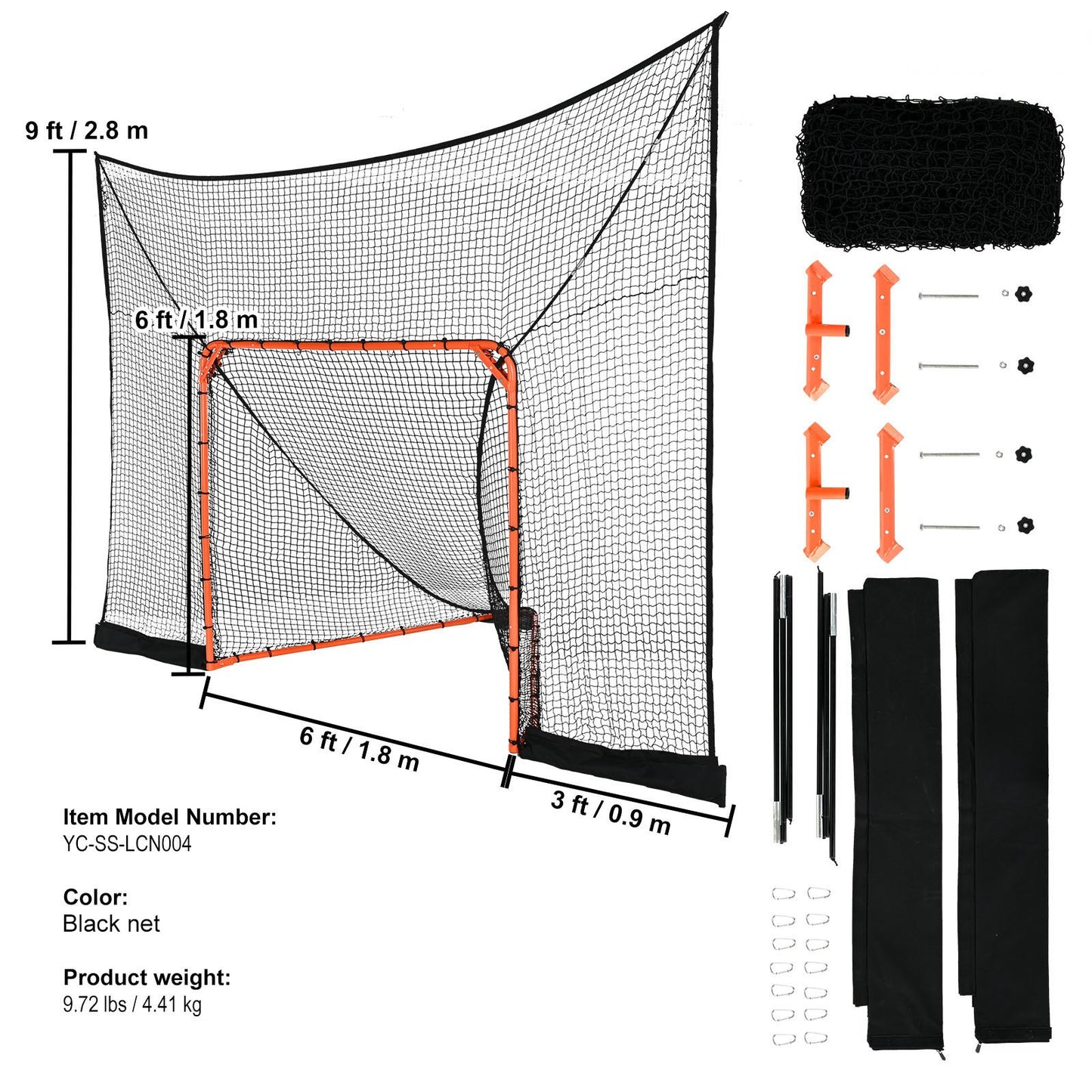 Hockey och Lacrosse Goal Backstop med utökad täckning, 12' x 9' Lacrosse-nät, kompletta tillbehör träningsnät, Snabb enkel installation av bakgård Lacrosse-utrustning, perfekt för ungdomsträning
