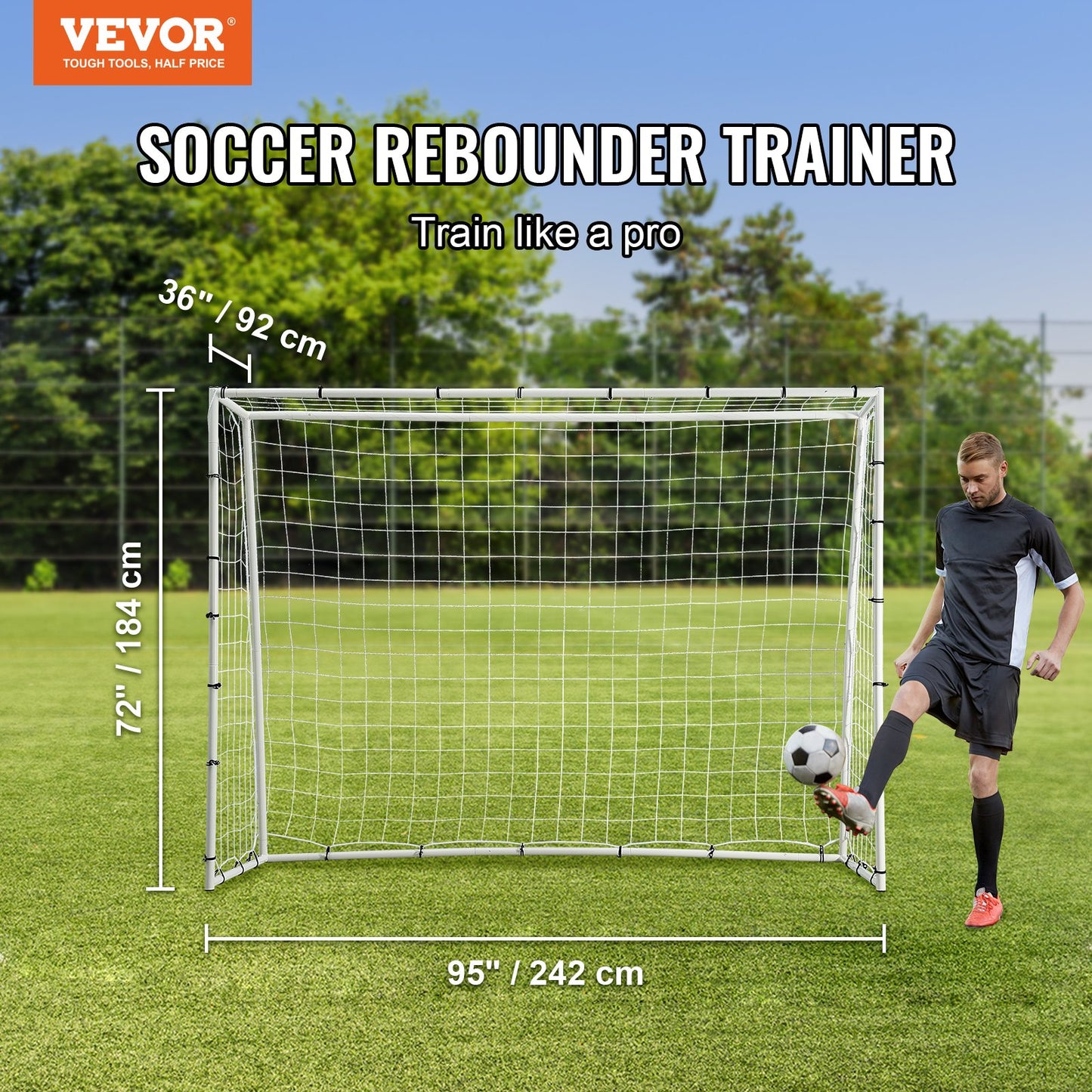 Soccer Rebound Trainer, 8x6FT Iron Soccer Training Equipment, Sports Football Rebounder Wall med dubbelsidigt studsande nät och mål, perfekt för bakgårdsträning, ensamträning, passningar