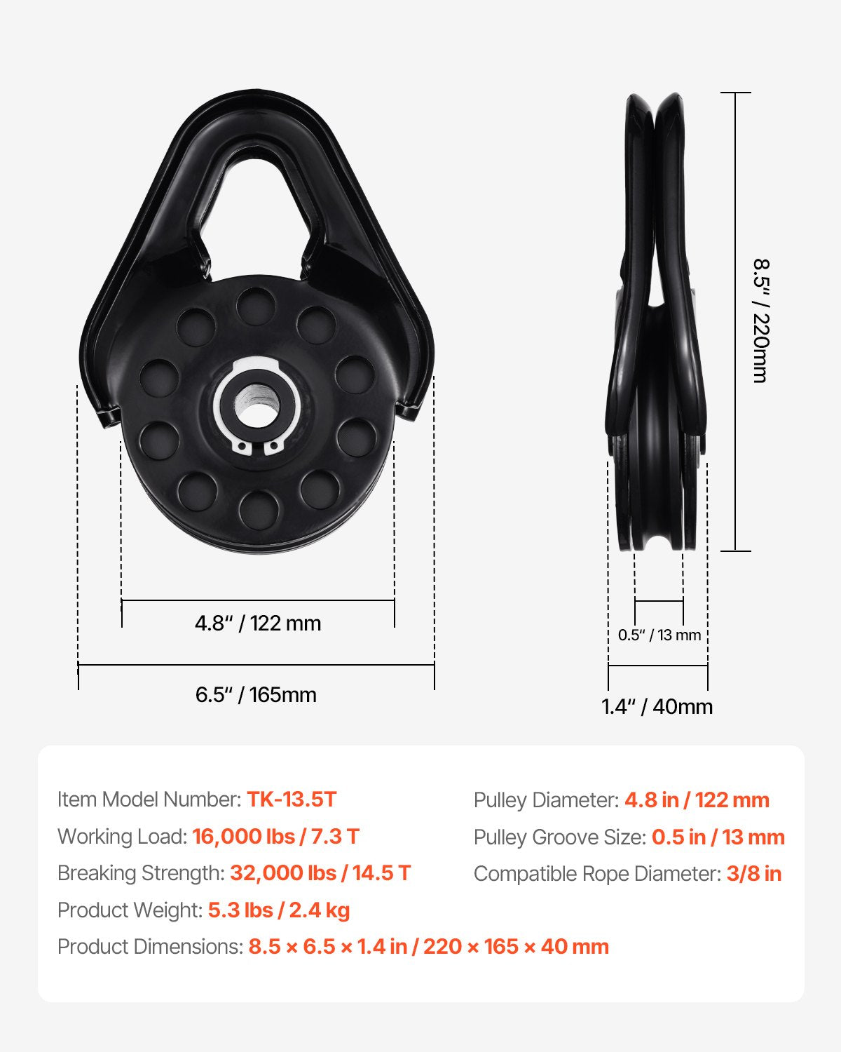 14,5 Ton Återhämtning Snatch Block Remskiva Snatch 32 000 lbs Kapacitet ATV UTV