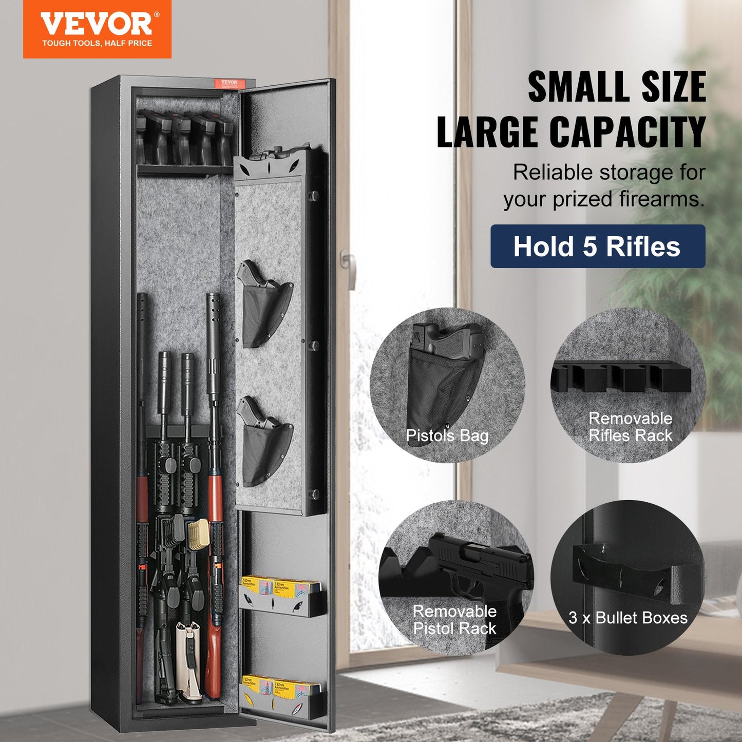 Gun Safe Rifle Safe med fingeravtryckslås för 5 gevär och 4 pistoler