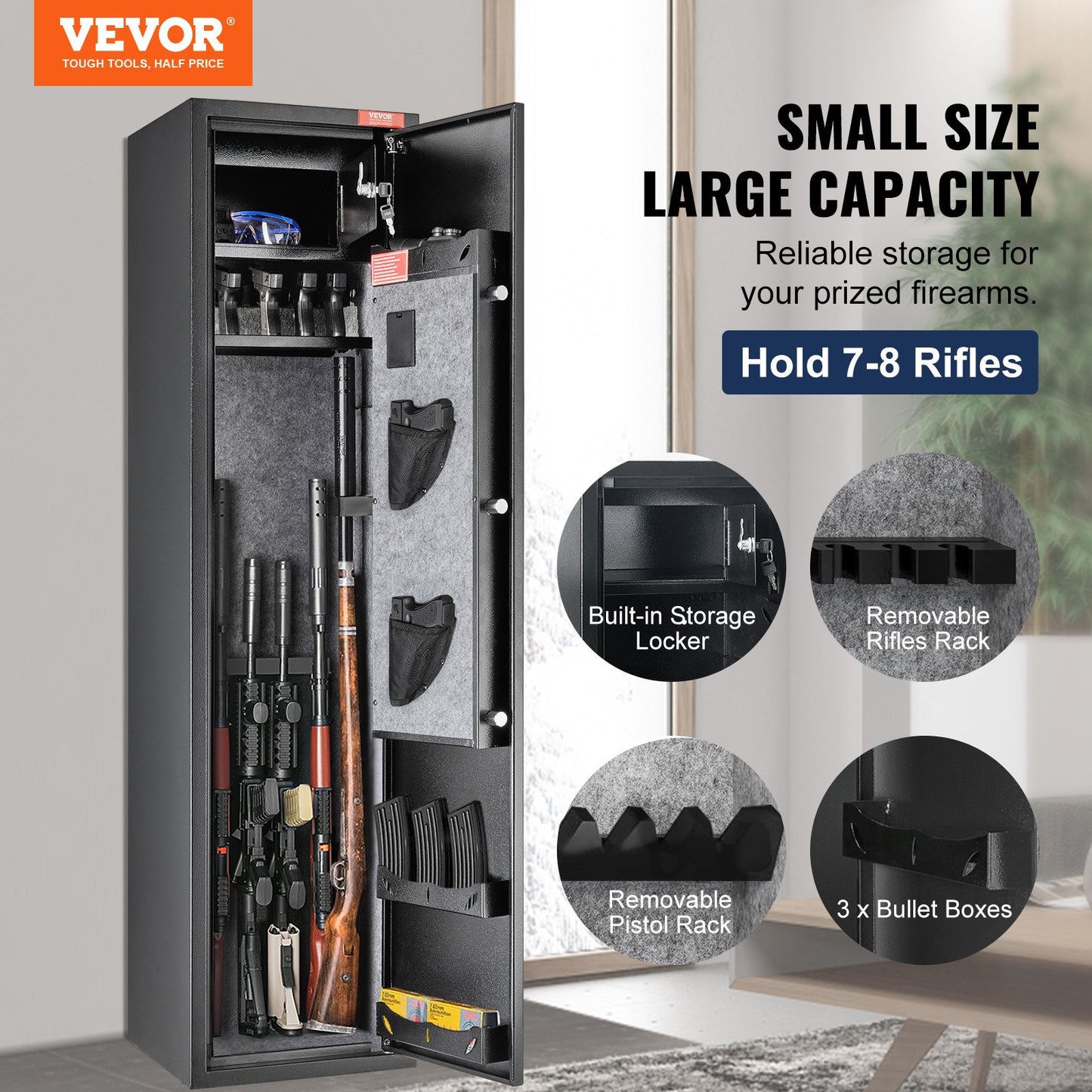 7-8 Rifles Gun Cabinet, Rifle Cabinet with Digital Keypad and Lock, Shotgun Gun Storage Cabinet with Built-in Storage Cabinet, Removable Storage Shelf for Home-Length Weapons and Pistols