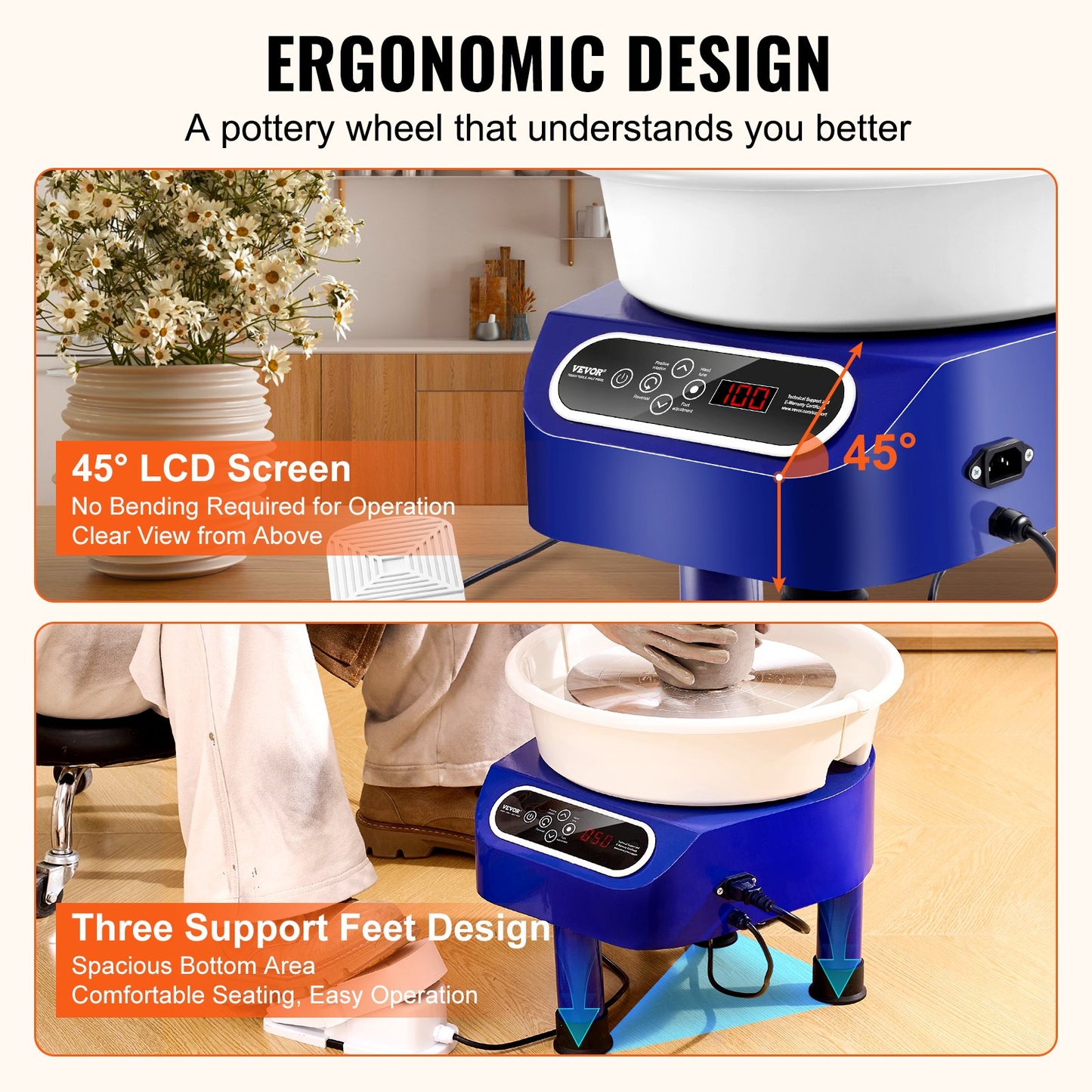 Pottery Wheel 10in Ceramic Wheel Foot Pedal Touch Screen 350W 3 Legs Blue