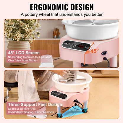 Töpferscheibe, 10 Zoll, Keramikrad, Fußpedal, Touchscreen, 350 W, 3 Beine, Rosa
