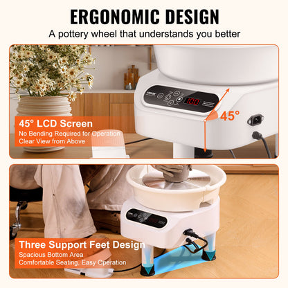 Pottery Wheel 11-tums keramisk hjulfotpedal Pekskärm 450W 3 Ben Vit