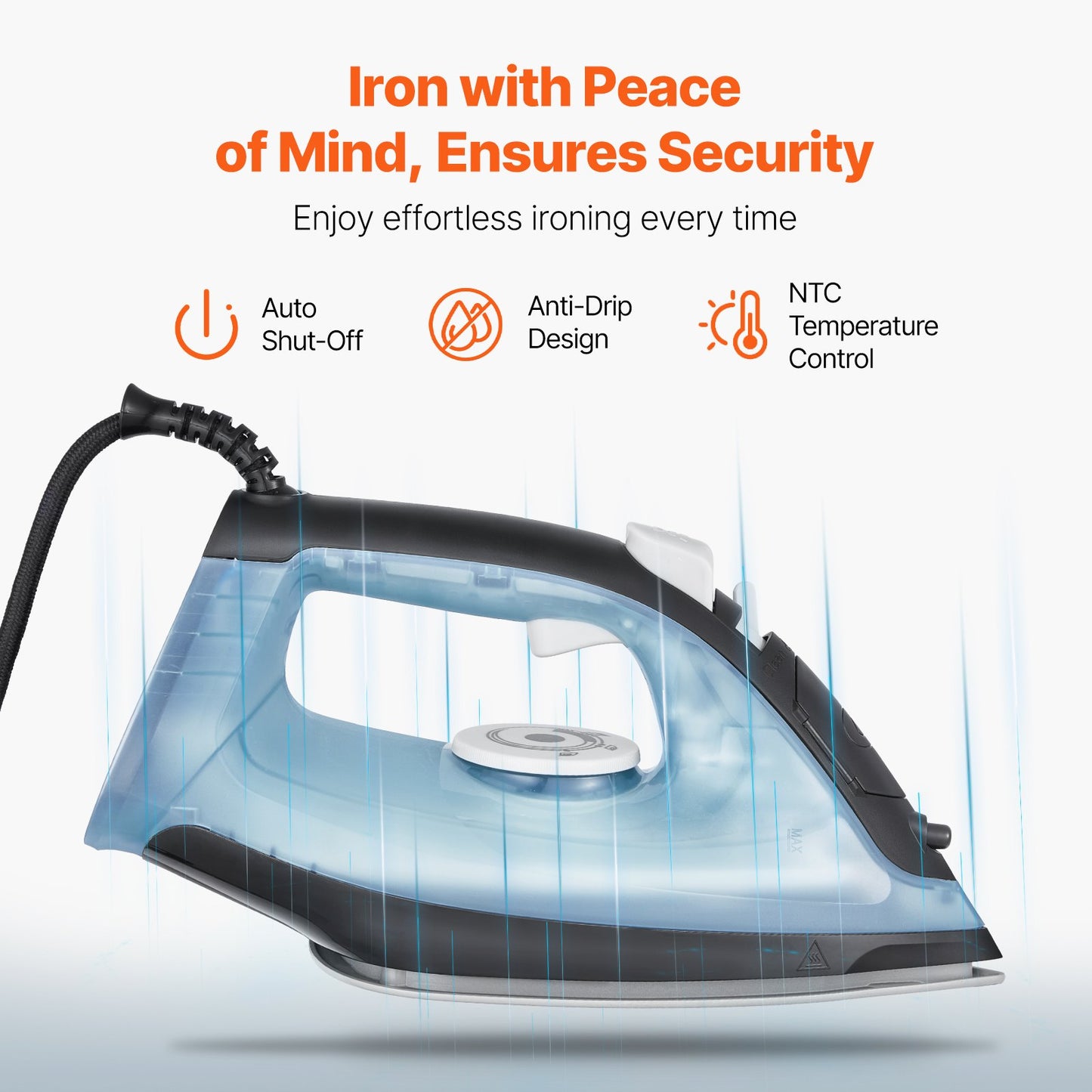 Steam iron 1600W Iron for clothes Automatic shut-off Self-cleaning for ironing