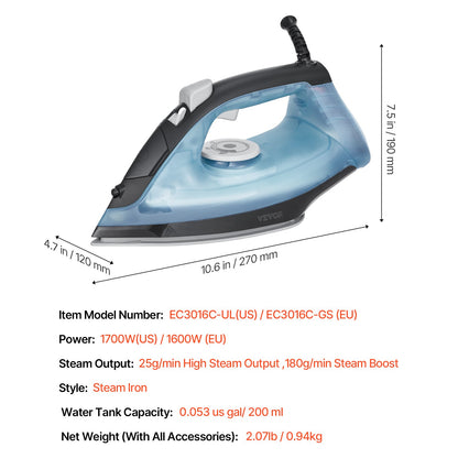 Steam iron 1600W Iron for clothes Automatic shut-off Self-cleaning for ironing