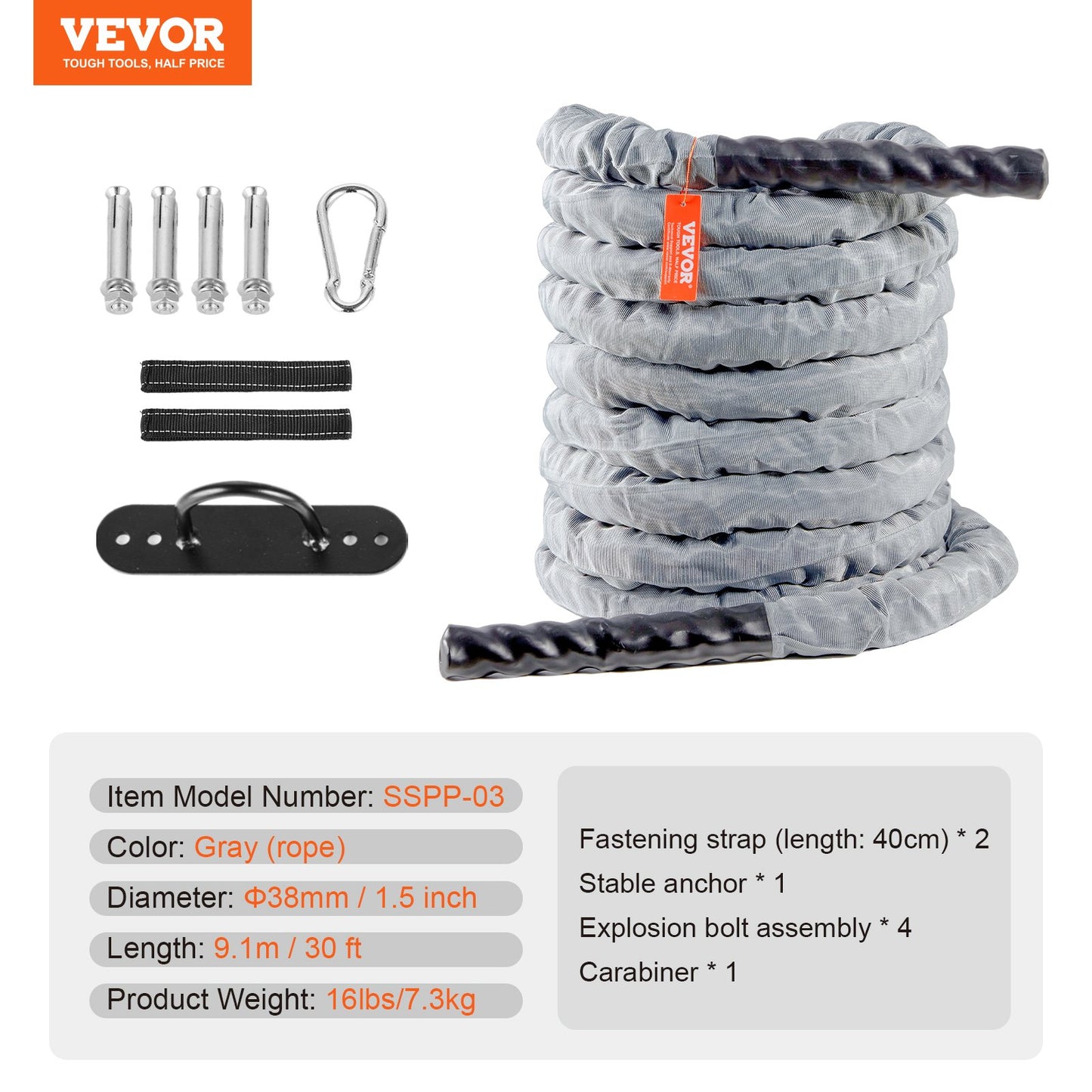 Battle Rope 1.5" 30Ft Gym Workout Strength Training Training Fitness Rope