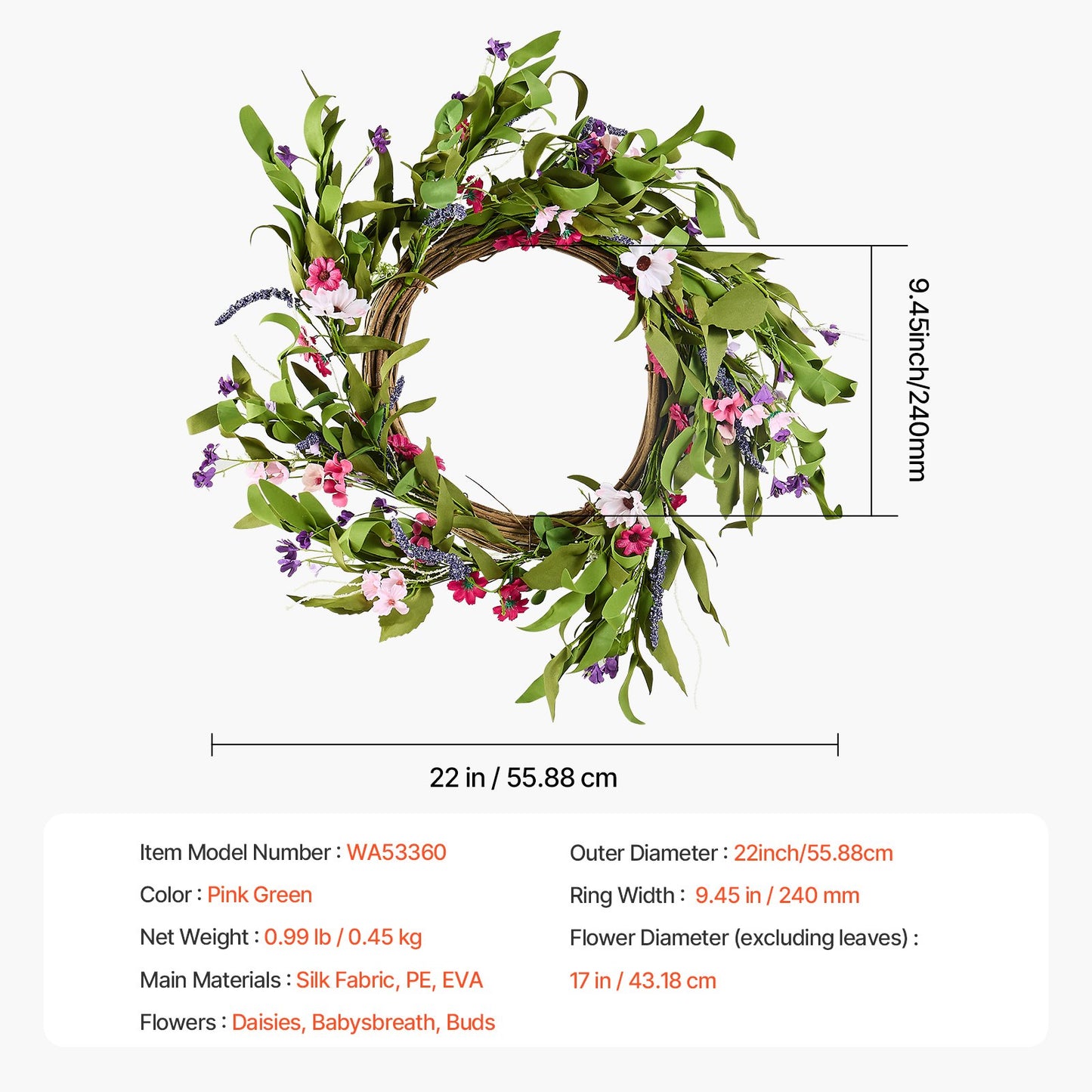 Artificial decorative wreath 22 in pink green daisies year round wreath