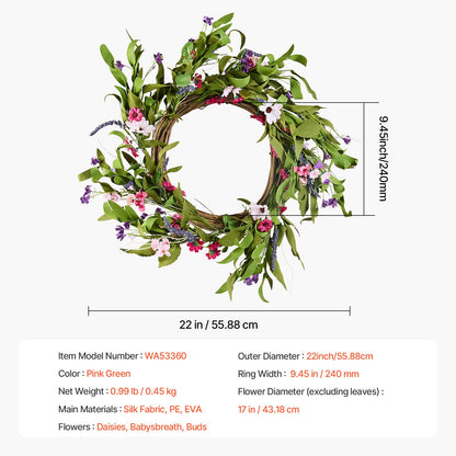 Artificial decorative wreath 22 in pink green daisies year round wreath