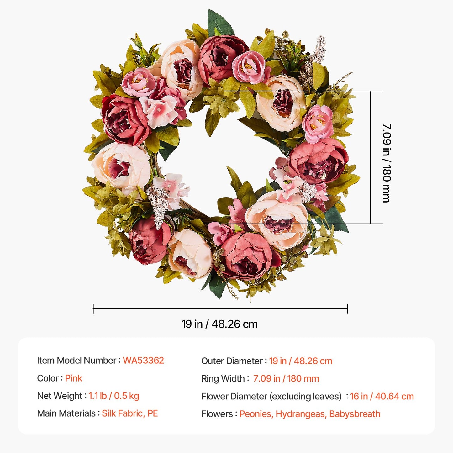 Konstgjord dekorativ krans 19 i rosa pioner hortensior året runt