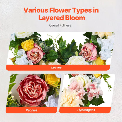 Artificial Decorative Wreath 24 in White Pink Yellow Peonies Hydrangeas