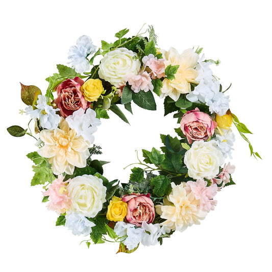 Artificial Decorative Wreath 24 in White Pink Yellow Peonies Hydrangeas