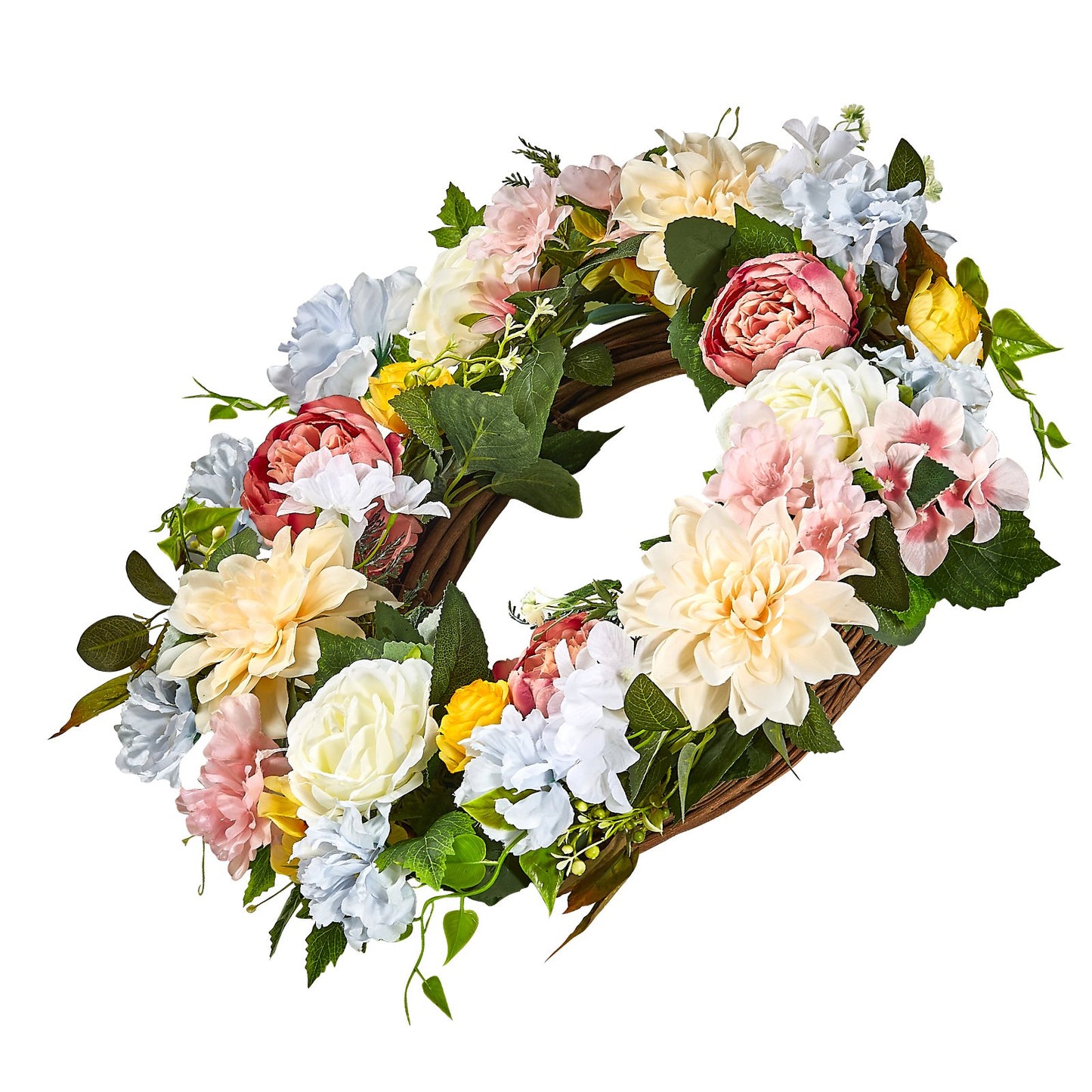 Artificial Decorative Wreath 24 in White Pink Yellow Peonies Hydrangeas