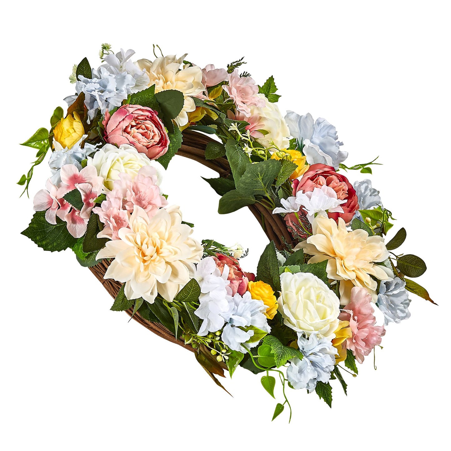 Artificial Decorative Wreath 24 in White Pink Yellow Peonies Hydrangeas