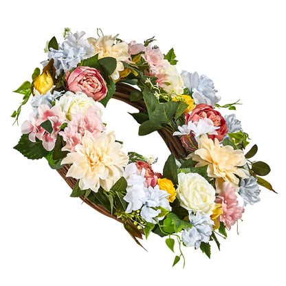 Artificial Decorative Wreath 24 in White Pink Yellow Peonies Hydrangeas
