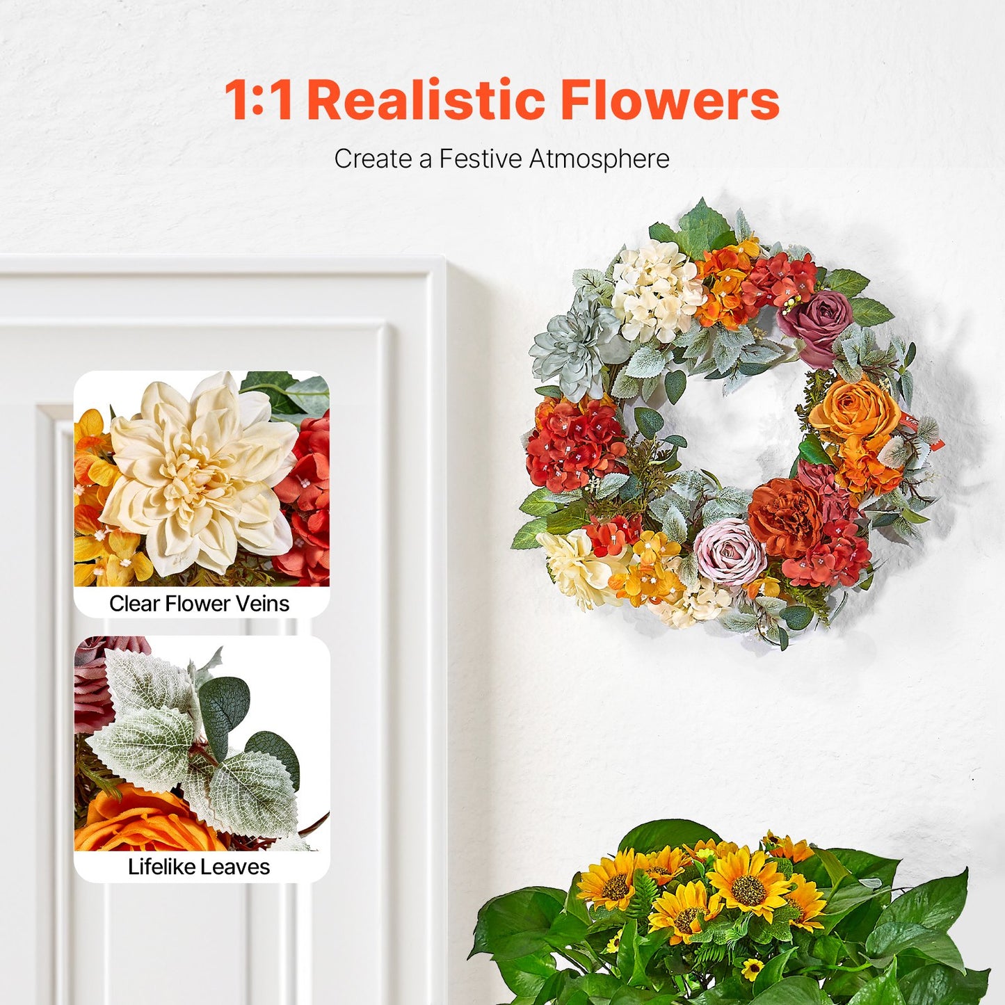 Artificial decorative wreath 24 in red orange yellow hydrangea roses