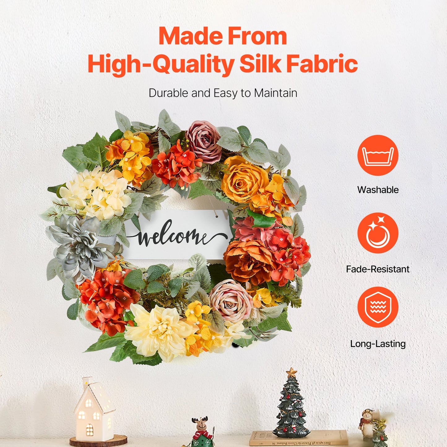 Artificial decorative wreath 24 in red orange yellow hydrangea roses