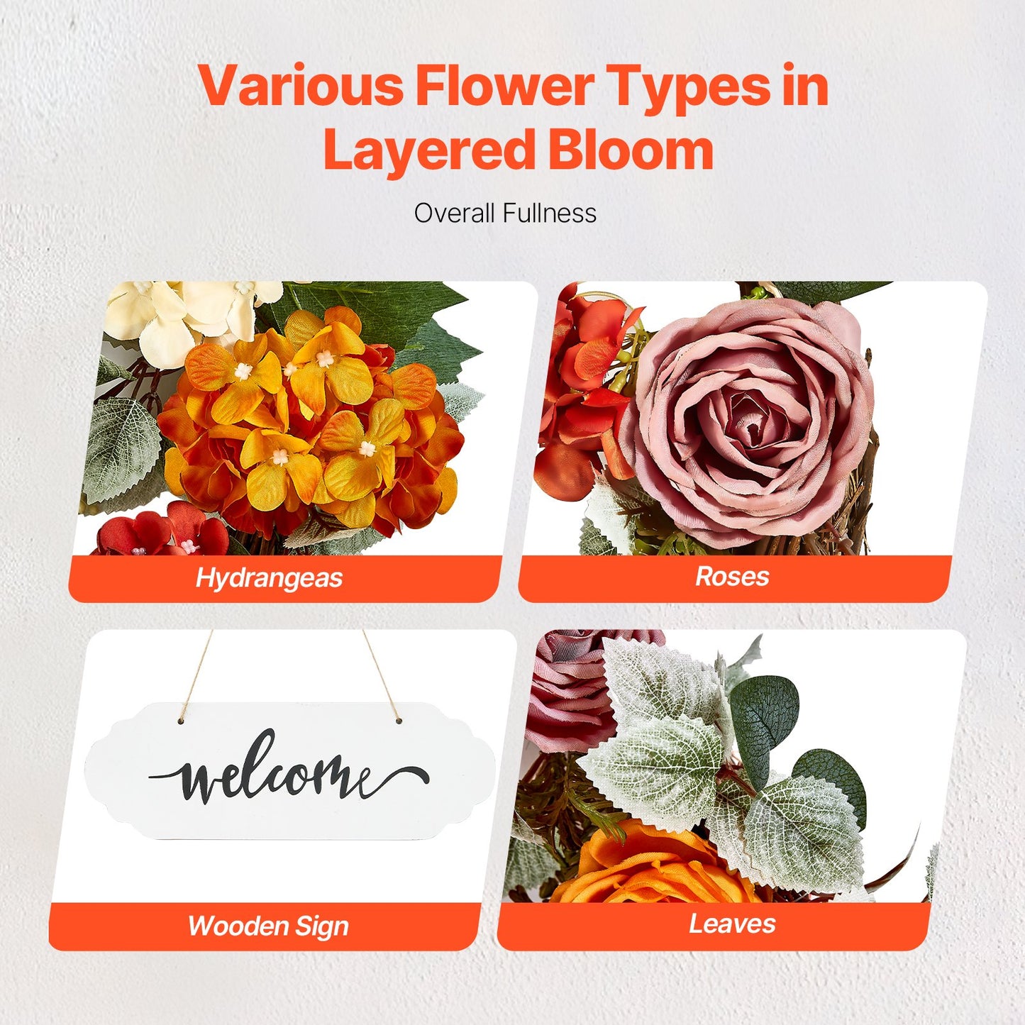 Artificial decorative wreath 24 in red orange yellow hydrangea roses