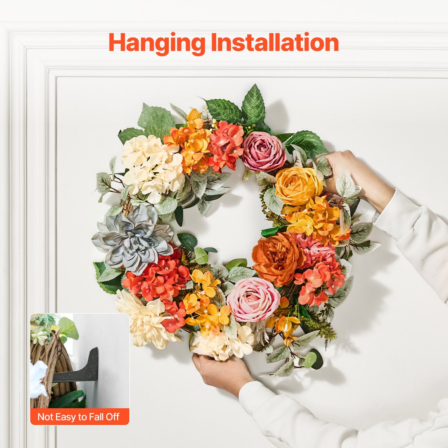 Artificial decorative wreath 24 in red orange yellow hydrangea roses