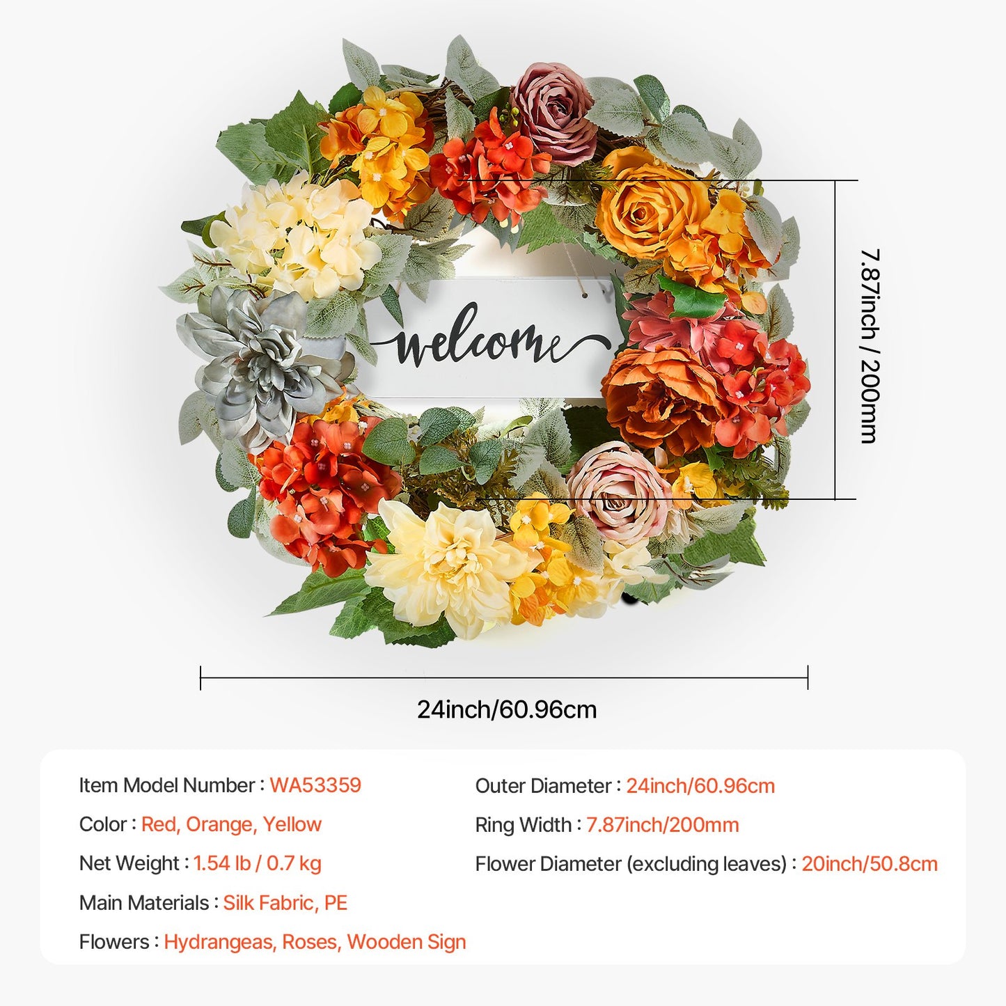 Artificial decorative wreath 24 in red orange yellow hydrangea roses
