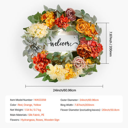 Artificial decorative wreath 24 in red orange yellow hydrangea roses