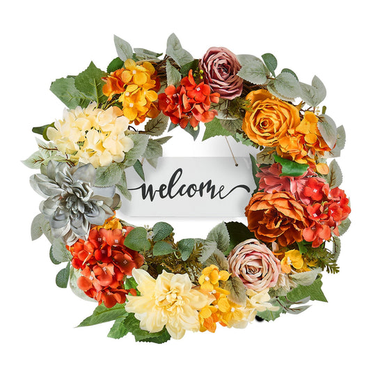 Artificial decorative wreath 24 in red orange yellow hydrangea roses