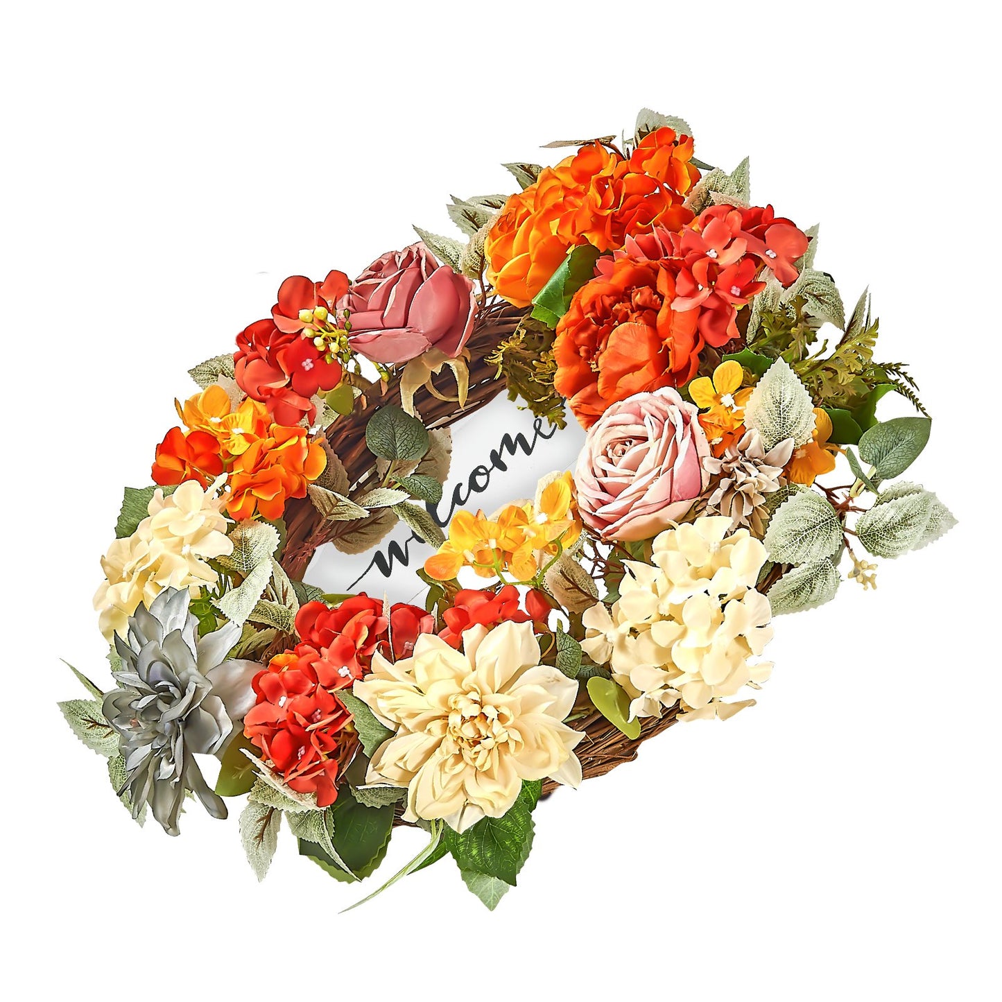 Artificial decorative wreath 24 in red orange yellow hydrangea roses