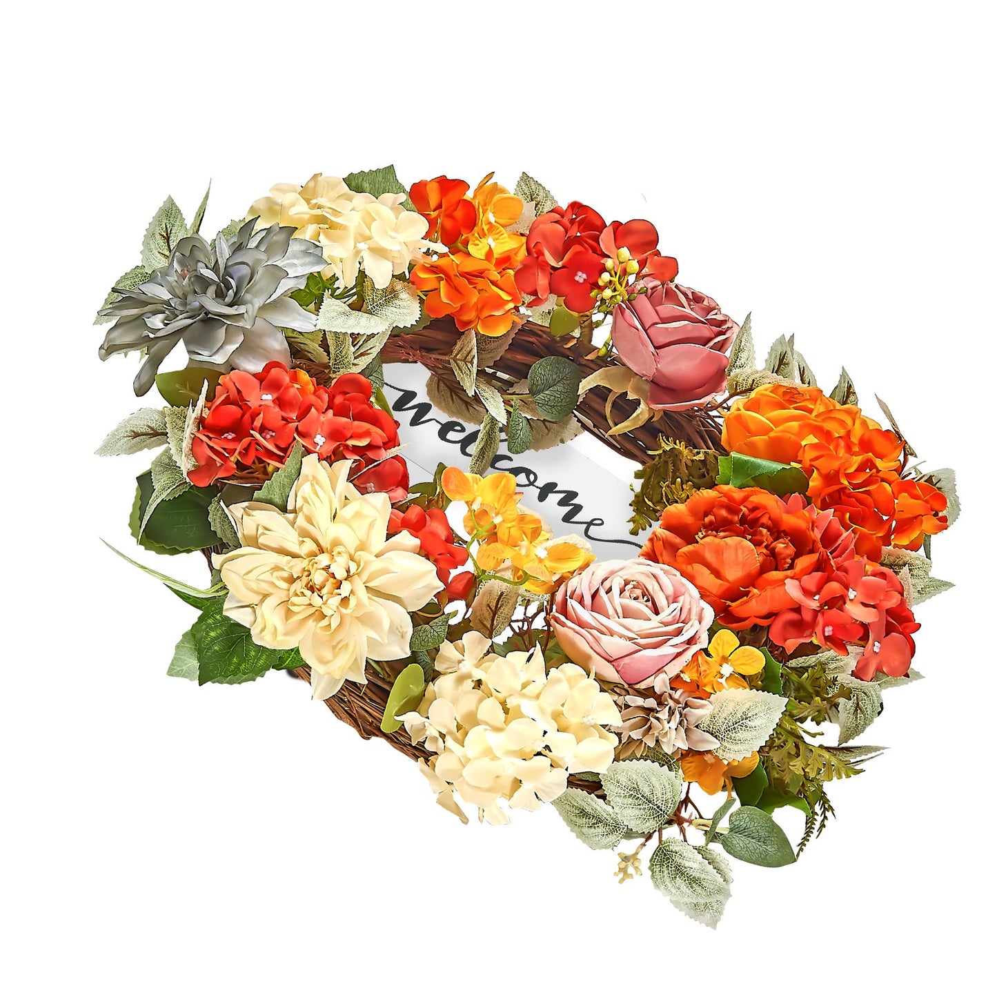 Artificial decorative wreath 24 in red orange yellow hydrangea roses