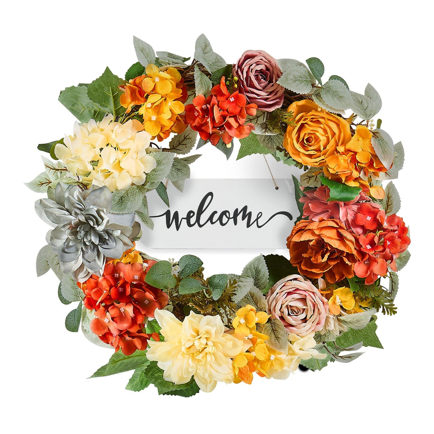 Artificial decorative wreath 24 in red orange yellow hydrangea roses