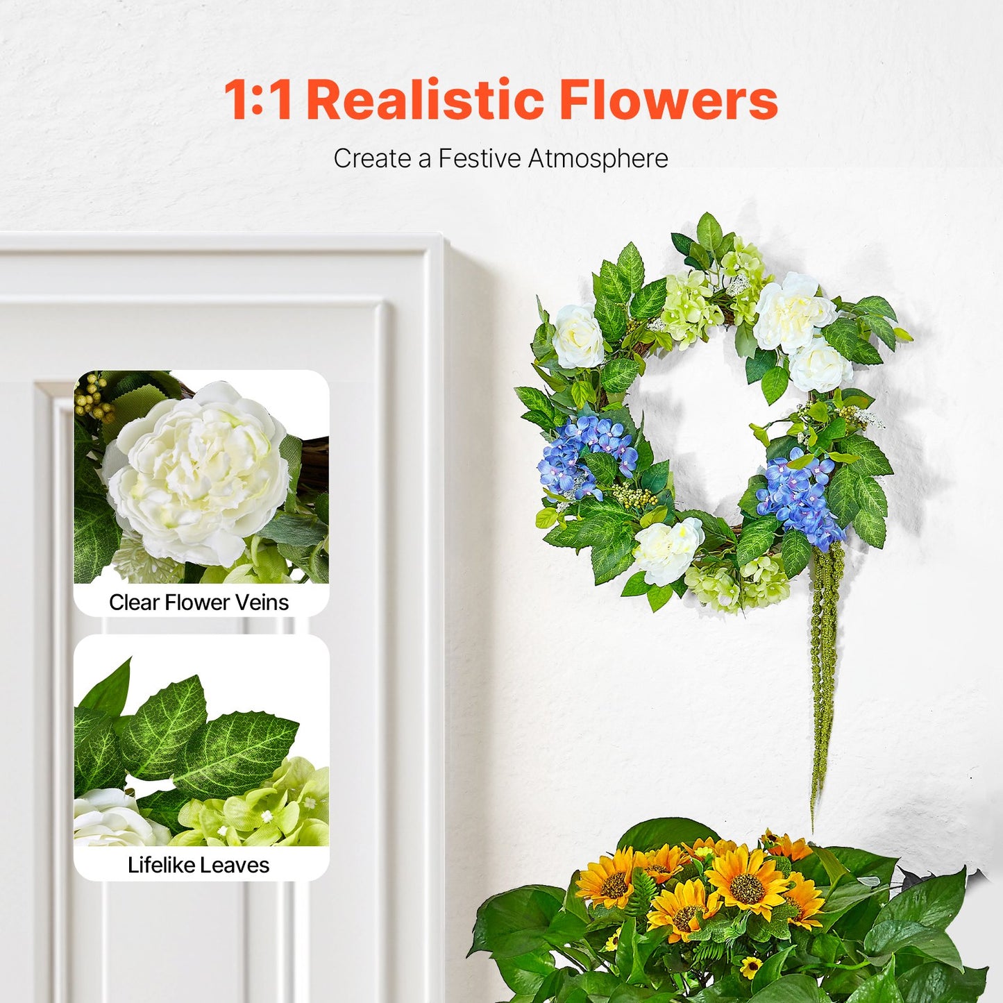 Artificial decorative wreath 23 in blue white green with hydrangea roses
